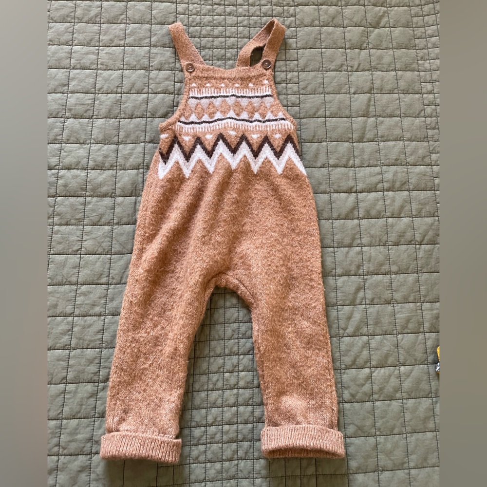 Zara Kids 12-18 month Brown Wool Overalls with Zigzag Pattern